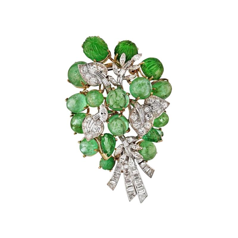 David Webb DAVID WEBB PLATINUM 18K YELLOW GOLD GREEN EMERALDS DIAMONDS WITH BOX BROOCH
