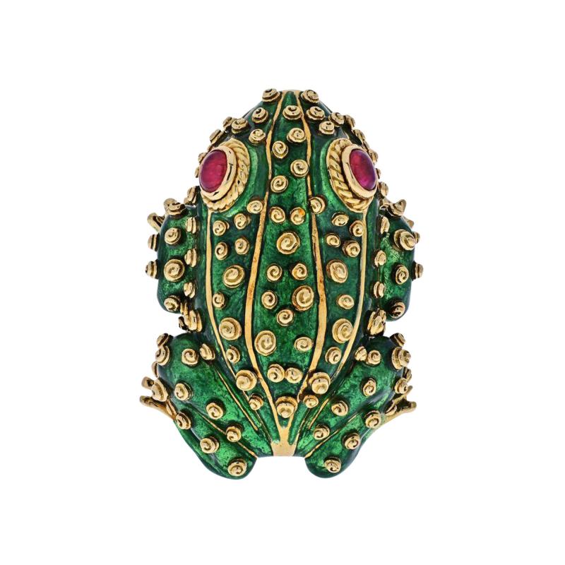 David Webb DAVID WEBB PLATINUM 18K YELLOW GOLD GREEN ENAMEL AND RUBY EYES FROG BROOCH