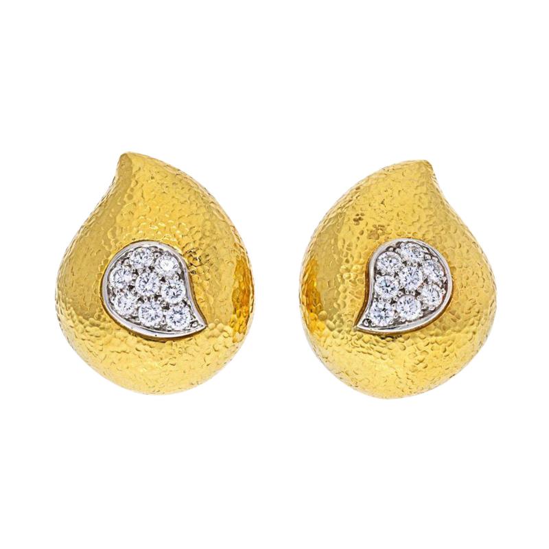 David Webb DAVID WEBB PLATINUM 18K YELLOW GOLD HAMMERED TEARDROP DIAMOND EARRINGS