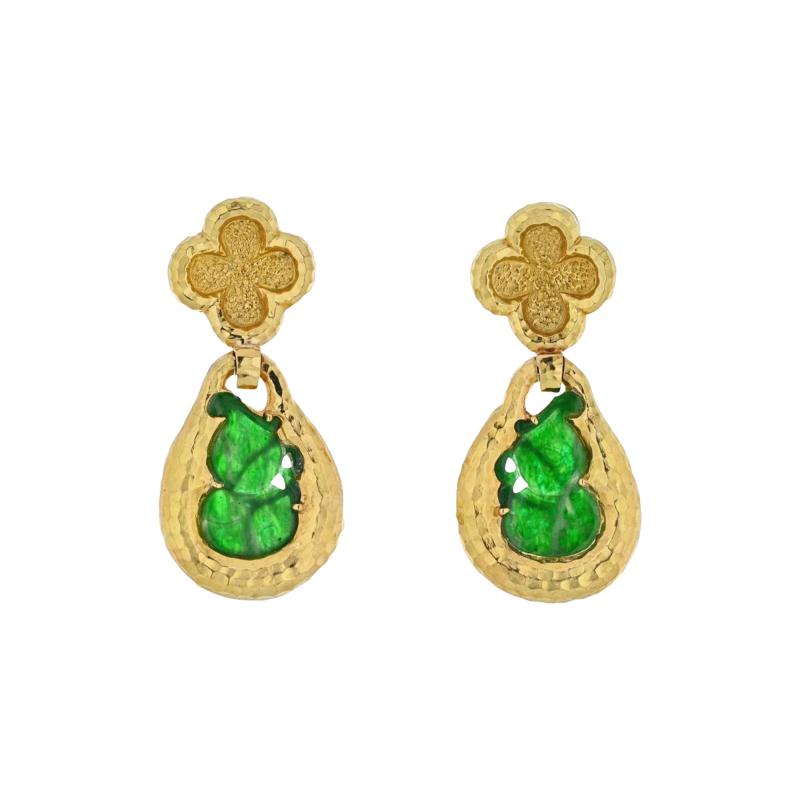 David Webb DAVID WEBB PLATINUM 18K YELLOW GOLD JADE TEARDROP DANGLING CLIP ON EARRINGS