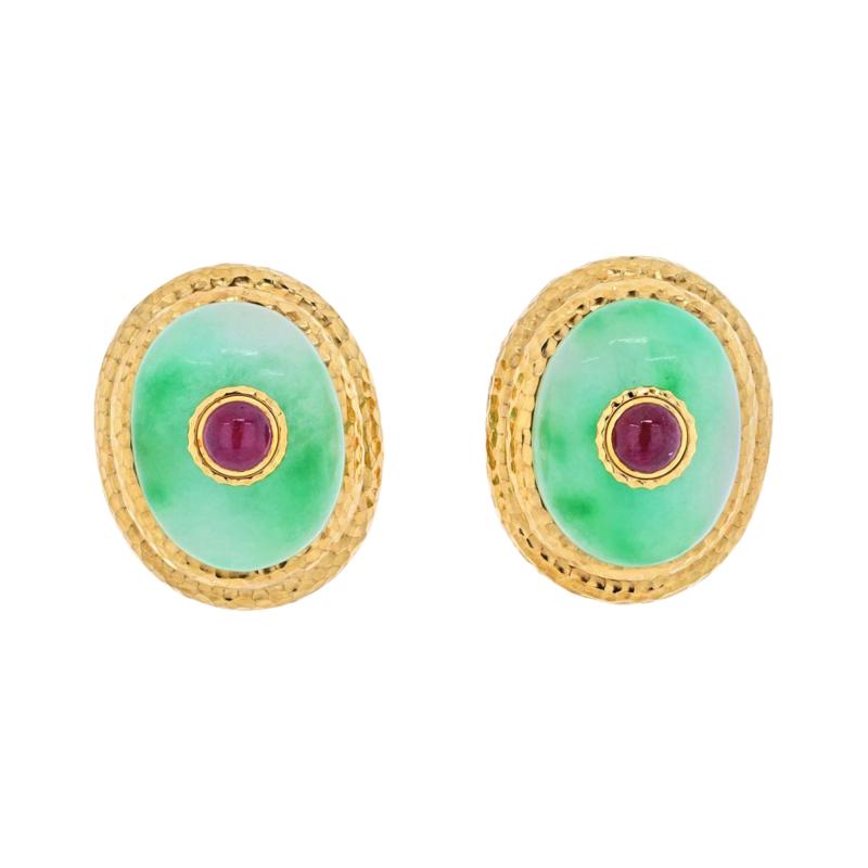 David Webb DAVID WEBB PLATINUM 18K YELLOW GOLD LARGE OVERSIZED JADE RUBY CLIP ON EARRINGS