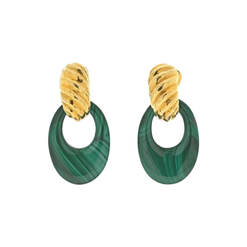 David Webb DAVID WEBB PLATINUM 18K YELLOW GOLD MALACHITE DOOR KNOCKERS EARRINGS