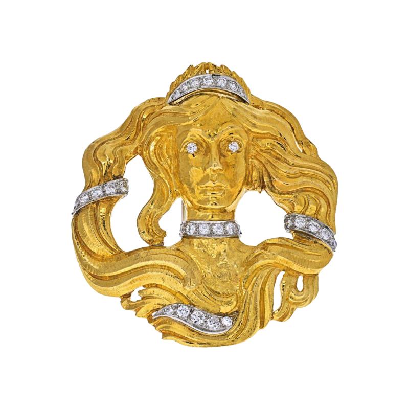 David Webb DAVID WEBB PLATINUM 18K YELLOW GOLD MEDUSA DIAMOND PENDANT BROOCH