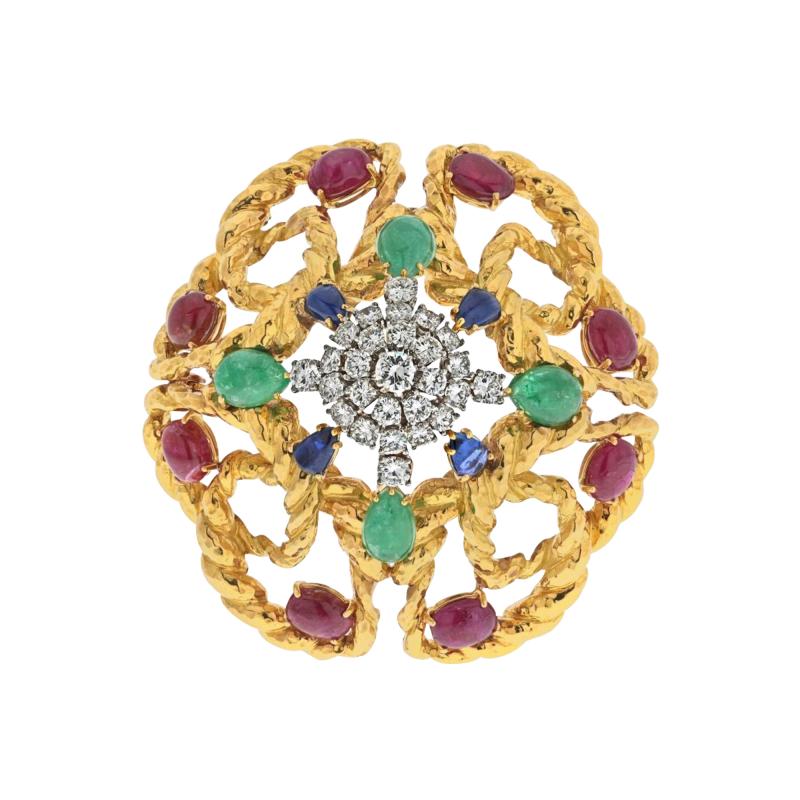 David Webb DAVID WEBB PLATINUM 18K YELLOW GOLD MULTIGEM EMERALD RUBY AND DIAMOND BROOCH