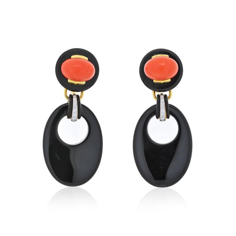 David Webb DAVID WEBB PLATINUM 18K YELLOW GOLD ONYX AND CORAL DROP DOOR KNOCKER EARRINGS