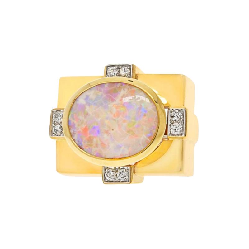 David Webb DAVID WEBB PLATINUM 18K YELLOW GOLD OPAL AND DIAMOND COCKTAIL RING