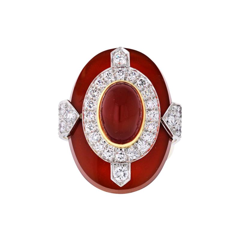 David Webb DAVID WEBB PLATINUM 18K YELLOW GOLD OVAL CUT CARNELIAN DIAMOND RING