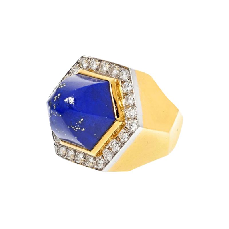David Webb DAVID WEBB PLATINUM 18K YELLOW GOLD OVERSIZED LAPIS AND DIAMOND RING