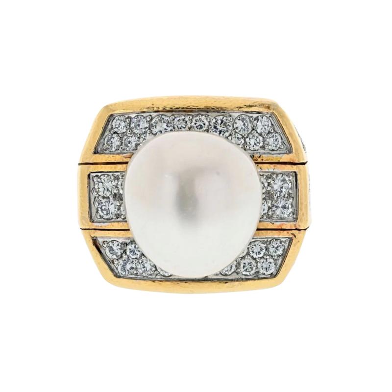 David Webb DAVID WEBB PLATINUM 18K YELLOW GOLD PEARL AND 9 00CTTW DIAMOND RING