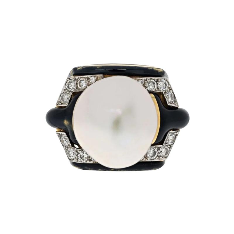 David Webb DAVID WEBB PLATINUM 18K YELLOW GOLD PEARL DIAMOND BLACK ENAMEL RING