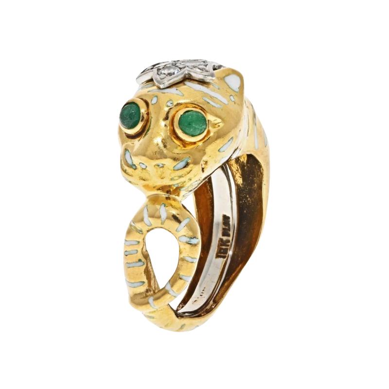 David Webb DAVID WEBB PLATINUM 18K YELLOW GOLD PETITE LEOPARD GREEN EMERALD EYES RING