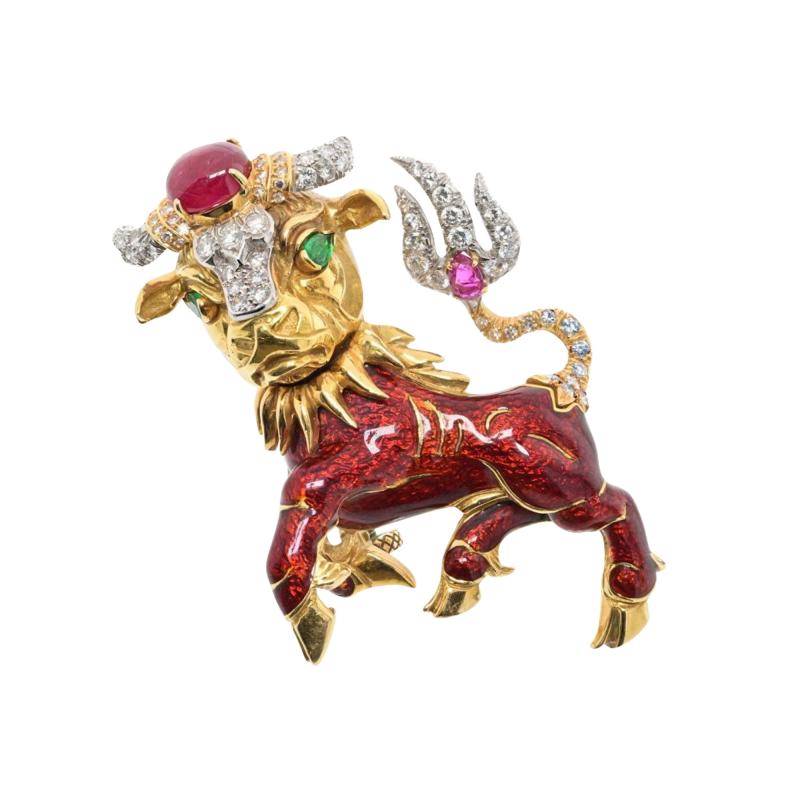 David Webb DAVID WEBB PLATINUM 18K YELLOW GOLD RED ENAMEL BULL BROOCH