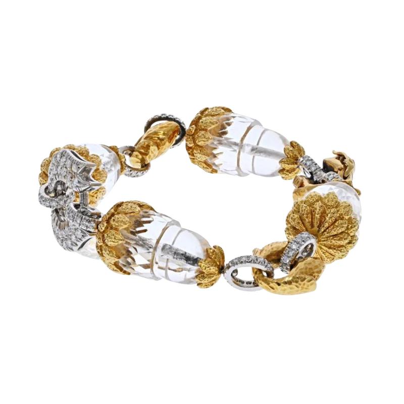 David Webb DAVID WEBB PLATINUM 18K YELLOW GOLD ROCK CRYSTAL AND DIAMOND STATIONS BRACELET