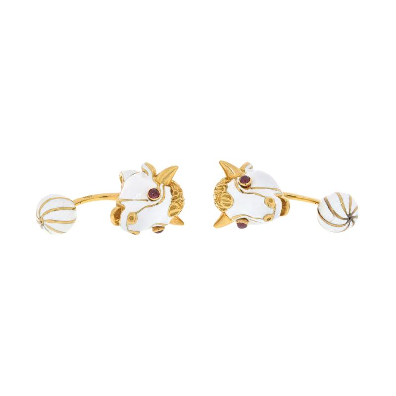 David Webb DAVID WEBB PLATINUM 18K YELLOW GOLD RUBY AND WHITE ENAMEL GOAT CUFF LINKS