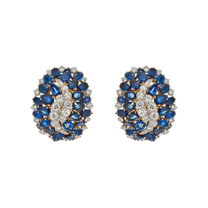 David Webb DAVID WEBB PLATINUM 18K YELLOW GOLD SAPPHIRE AND DIAMOND CLIP ON EARRINGS