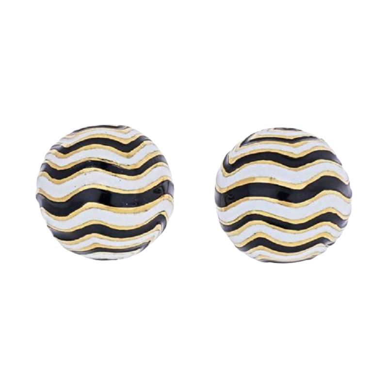 David Webb DAVID WEBB PLATINUM 18K YELLOW GOLD SIGNATURE ZEBRA ENAMEL ROUND EARRINGS