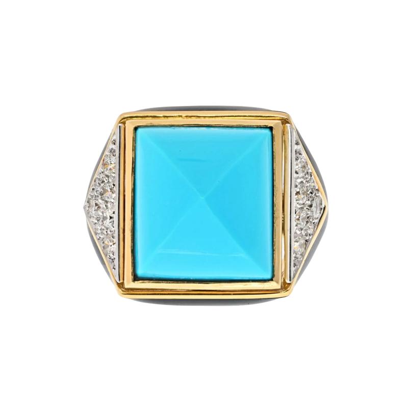 David Webb DAVID WEBB PLATINUM 18K YELLOW GOLD SUMMIT TURQUOISE AND DIAMOND RING