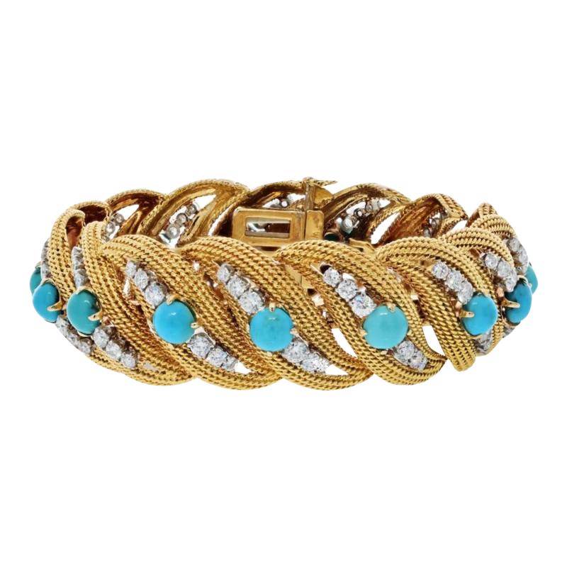 David Webb DAVID WEBB PLATINUM 18K YELLOW GOLD TURQUOISE AND DIAMOND BRACELET