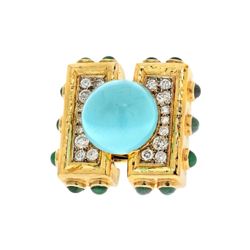 David Webb DAVID WEBB PLATINUM 18K YELLOW GOLD TURQUOISE DIAMOND EMERALD OVERSIZED RING