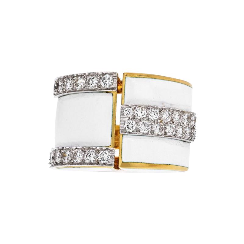 David Webb DAVID WEBB PLATINUM 18K YELLOW GOLD WHITE ENAMEL AND DIAMOND RING