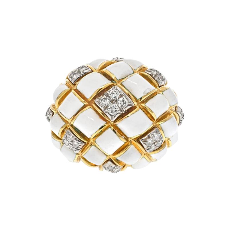 David Webb DAVID WEBB PLATINUM 18K YELLOW GOLD WHITE ENAMEL DOME RING