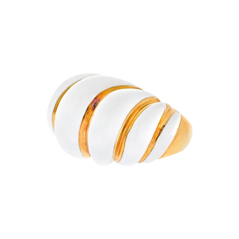 David Webb DAVID WEBB PLATINUM 18K YELLOW GOLD WHITE ENAMEL FLUTED SHRIMP COCKTAIL RING