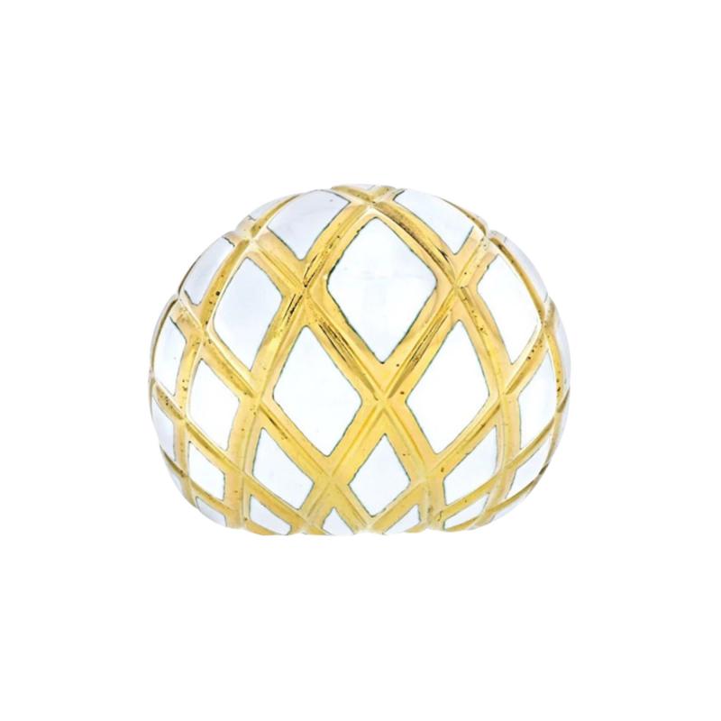 David Webb DAVID WEBB PLATINUM 18K YELLOW GOLD WHITE ENAMEL HIGH DOME RING