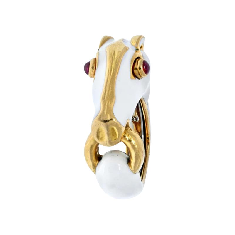 David Webb DAVID WEBB PLATINUM 18K YELLOW GOLD WHITE ENAMEL HORSE WITH RUBY EYES RING