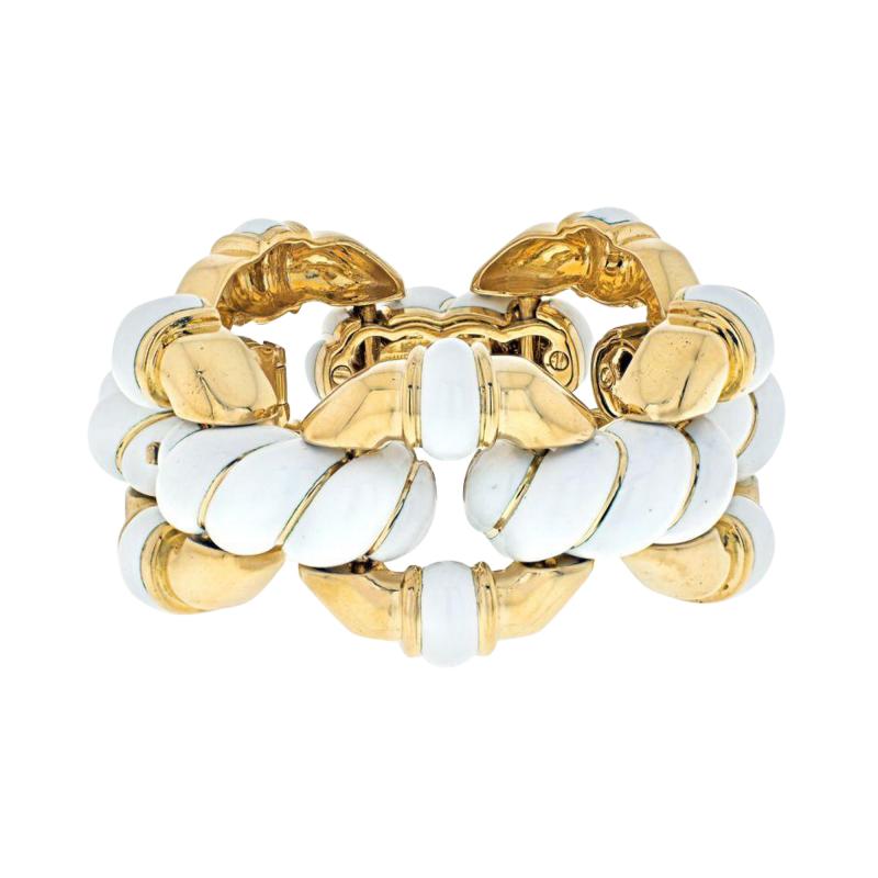 David Webb DAVID WEBB PLATINUM 18K YELLOW GOLD WHITE ENAMEL LINK BRACELET