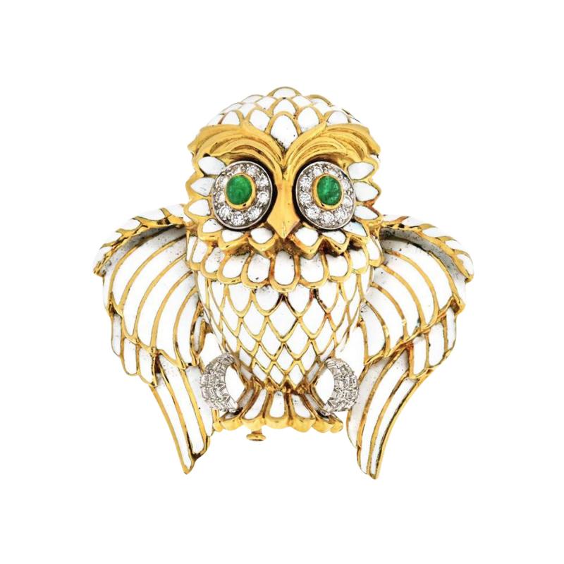 David Webb DAVID WEBB PLATINUM 18K YELLOW GOLD WHITE ENAMEL OWL BROOCH