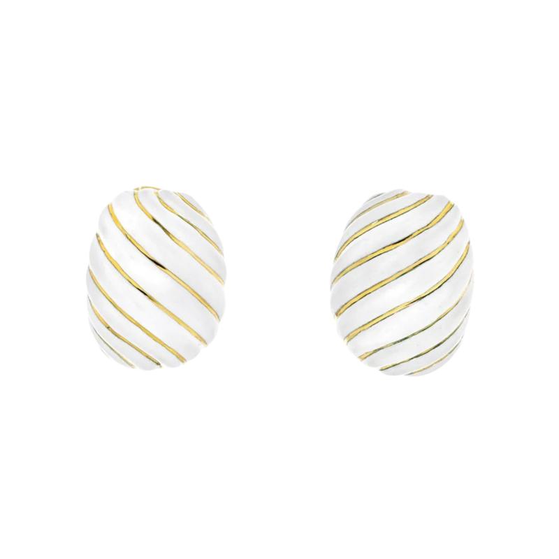 David Webb DAVID WEBB PLATINUM 18K YELLOW GOLD WHITE ENAMEL WAVE CLIP EARRINGS