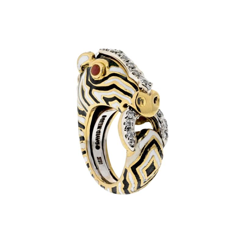 David Webb DAVID WEBB PLATINUM 18K YELLOW GOLD ZEBRA WITH DIAMONDS AND RUBY EYES RING