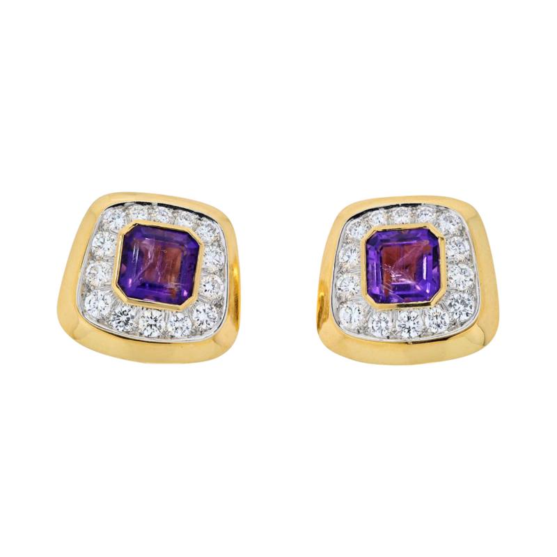 David Webb DAVID WEBB PLATINUM 18K YG CUSHION CUT AMETHYST AND DIAMOND CLIP ON EARRINGS