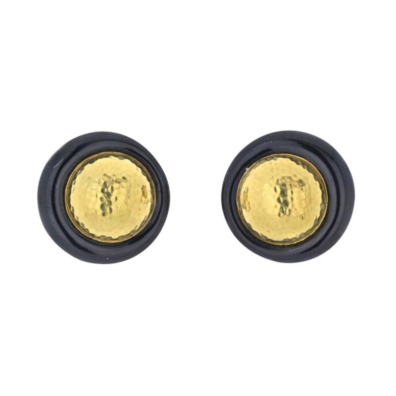 David Webb DAVID WEBB PLATINUM 18K YG HAMMERED GOLD AND BLACK ENAMEL CLIP EARRINGS