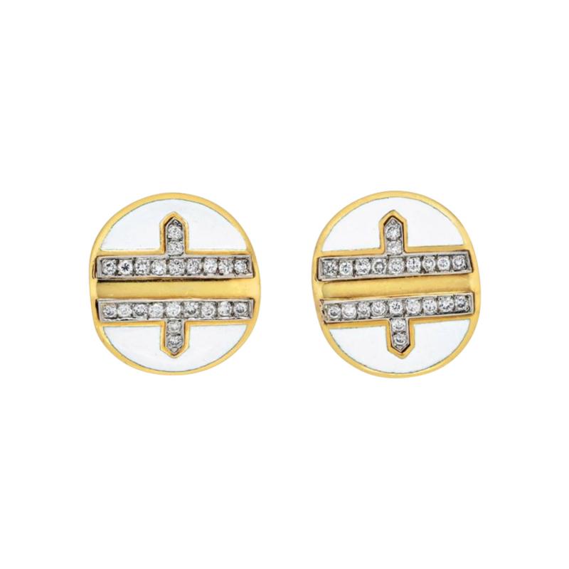 David Webb DAVID WEBB PLATINUM 18K YG WHITE ENAMEL DIAMOND METRO COLLECTION EARRINGS