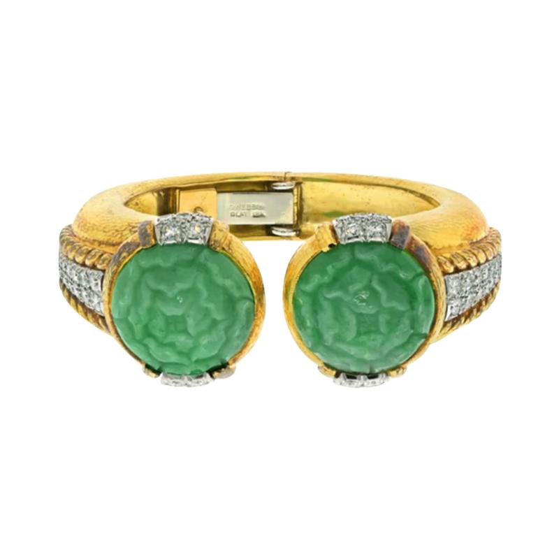 David Webb DAVID WEBB PLATINUM 18KY CARVED JADE HAMMERED GOLD DIAMOND CUFF BRACELET