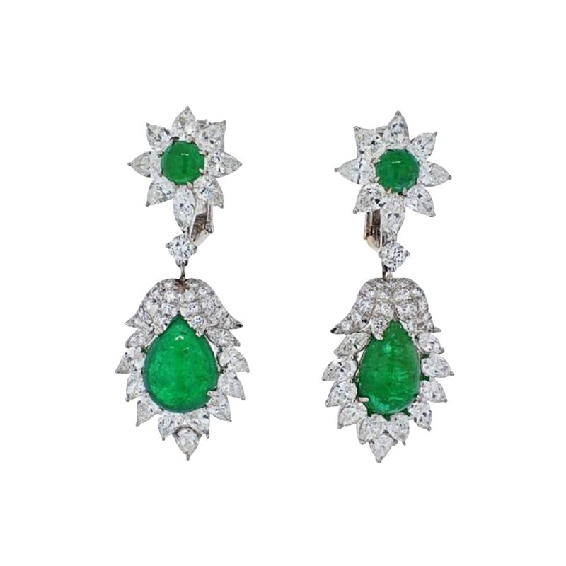 David Webb DAVID WEBB PLATINUM 1970S GREEN EMERALD AND DIAMOND HANGING EARRINGS