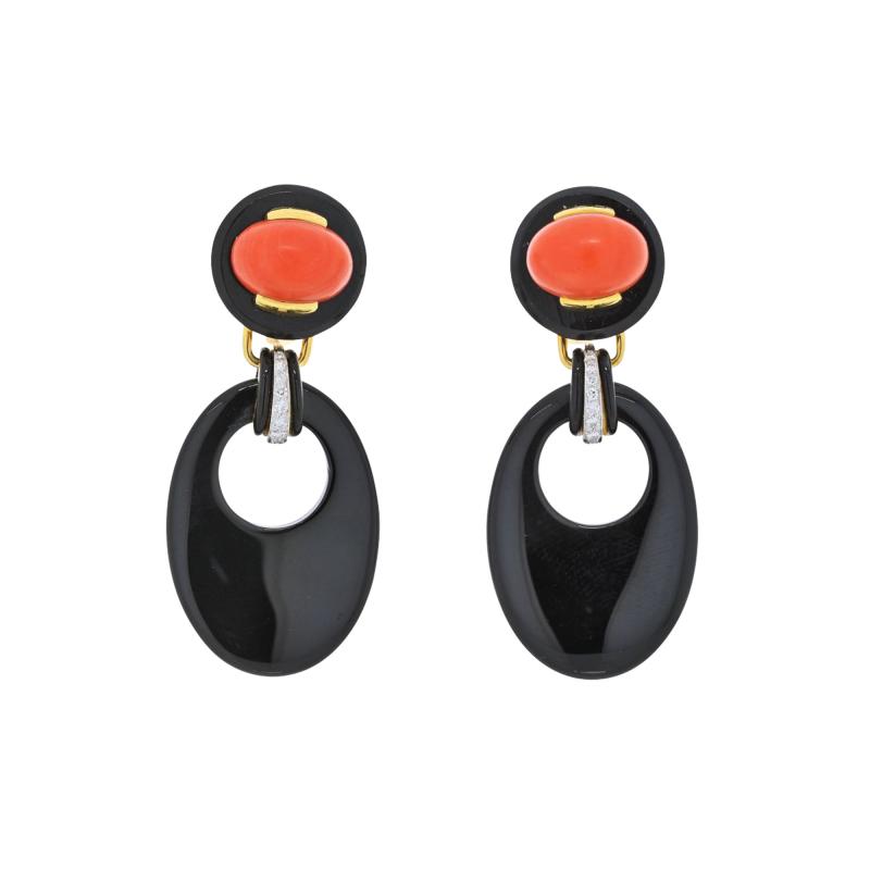 David Webb DAVID WEBB PLATINUM ONYX AND CORAL DROP DOOR KNOCKER EARRINGS