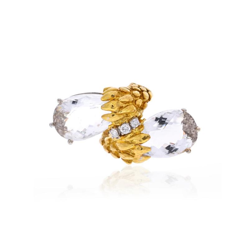 David Webb DAVID WEBB ROCK CRYSTAL PLATINUM 18K YELLOW GOLD ROCK CYSTAL BYPASS RING