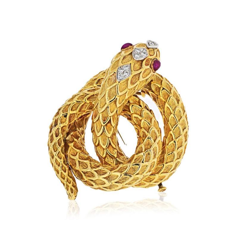 David Webb DAVID WEBB SERPENT PLATINUM 18K YELLOW GOLD DIAMOND RUBIES BROOCH