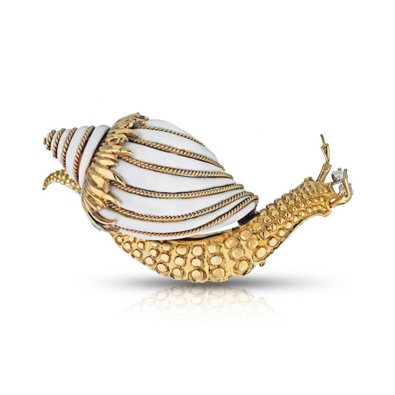 David Webb DAVID WEBB SNAIL 18K YELLOW GOLD WHITE ENAMEL VINTAGE BROOCH
