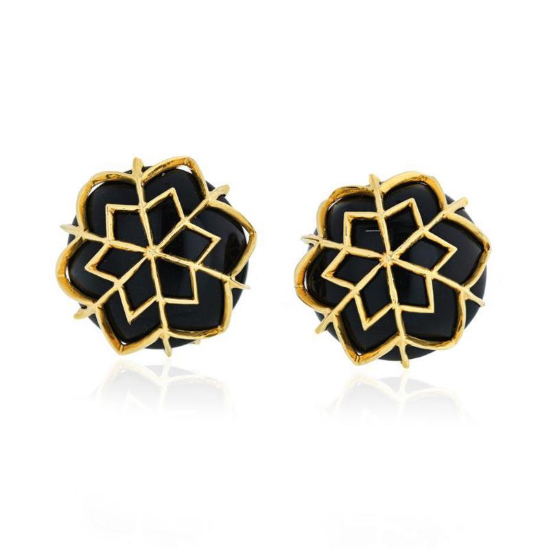 David Webb DAVID WEBB SNOWFLAKE PLATINUM 18K YELLOW GOLD ONYX WEBB EARRINGS