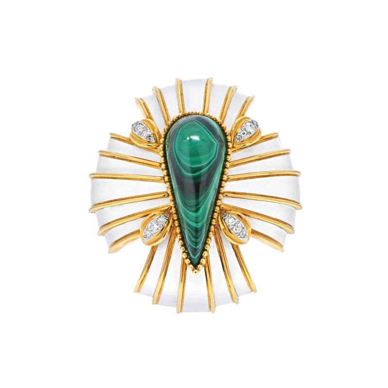David Webb DAVID WEBB WHITE ENAMEL AND MALACHITE MALTESE CROSS BROOCH