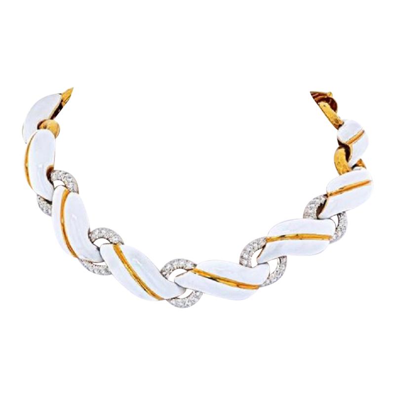 David Webb DAVID WEBB YELLOW GOLD WHITE ENAMEL AND DIAMOND COLLAR NECKLACE