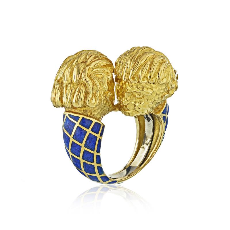 David Webb David Webb 18K Gold Blue Enamel Gemini Double Head Ring