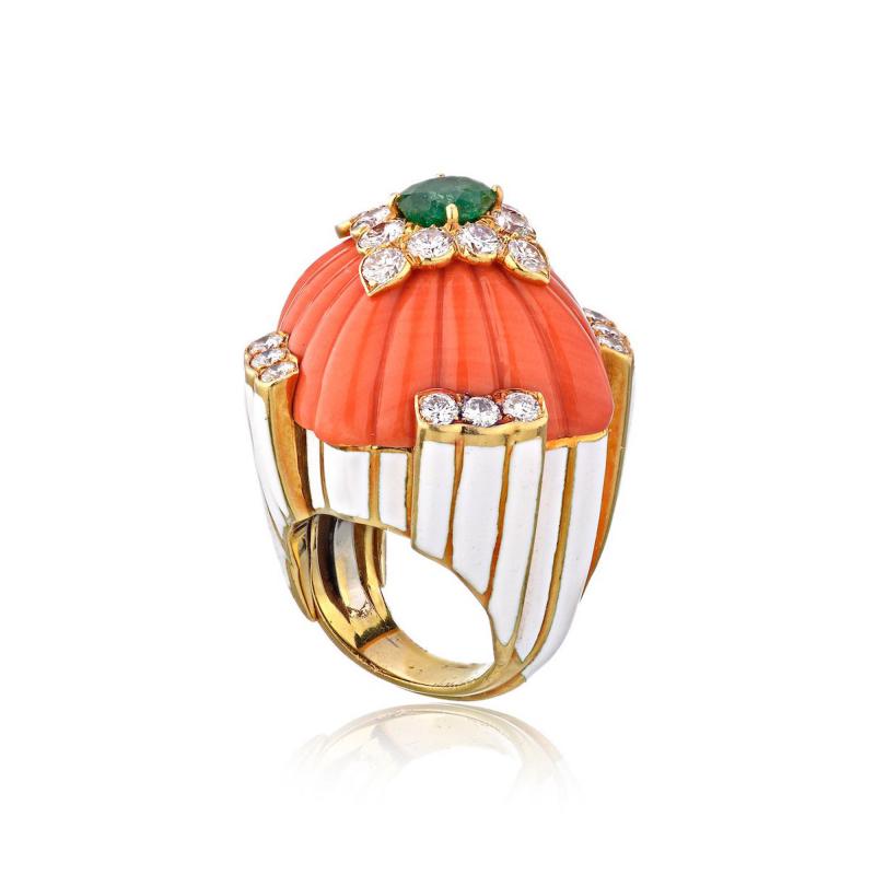 David Webb David Webb 18K Gold Coral White Enamel Diamond Ring