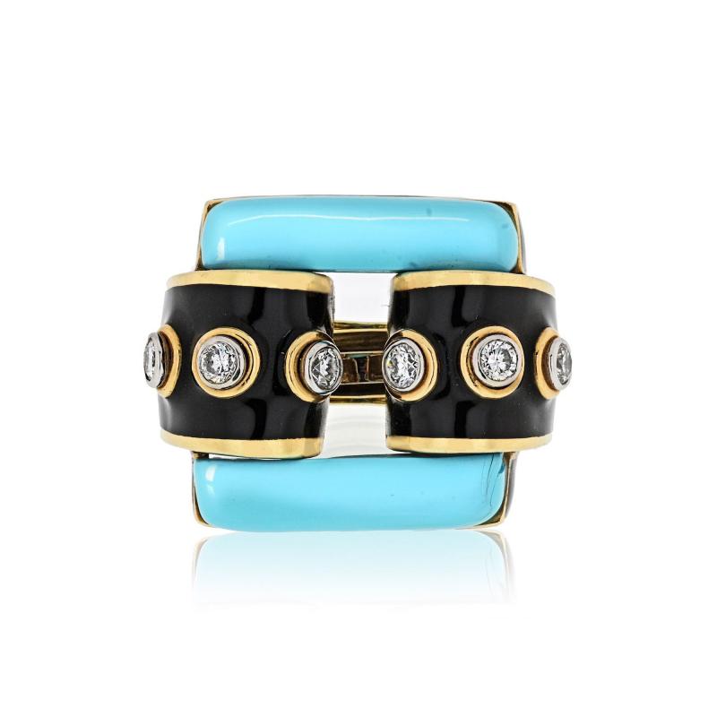 David Webb David Webb 18K Gold Domino Turquoise Black Enamel Ring