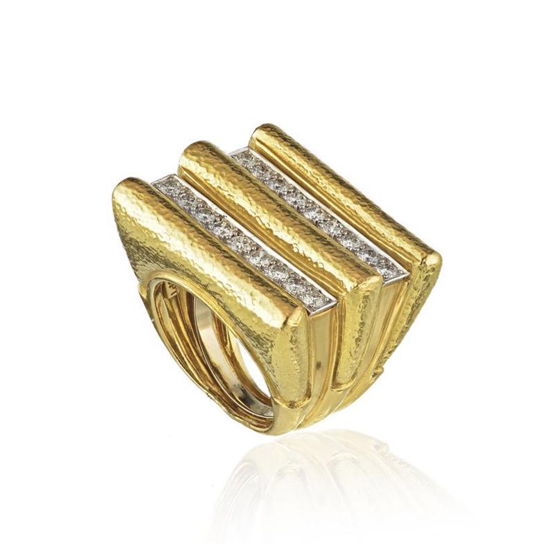 David Webb David Webb 18K Gold Radiator Hammered Finished Diamond Ring