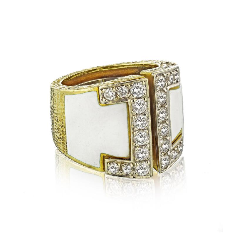 David Webb David Webb 18K Gold White Enamel Diamond Buckle Ring