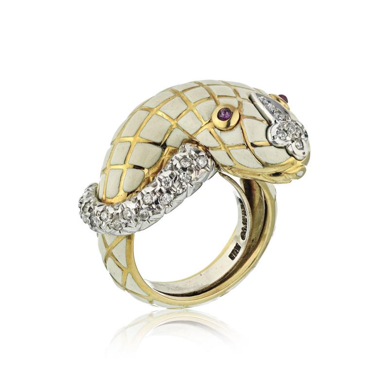 David Webb David Webb 18K Gold White Enamel Serpent Ring